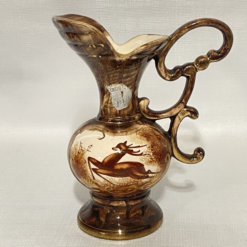 Vintage H. Bequet Quaregnon Belgium Stag Ceramic Pitcher with Gold Trim 7 x 5.5"
